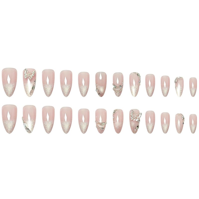 SEENEEY Medium Press on Nails Almond Fake Nails Ombre French Tip Artificial Nail Cute with Butterfly Designs Stick on Nail for Women 24pcs - Image 4